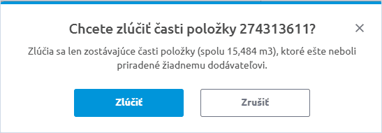 Dialóg Chcete zlúčiť časti položky s tlačidlami Zlúčiť a Zrušiť