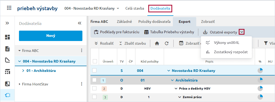 Záložka Export v režime Dodávatelia s rozbalenou ponukou Ostatné exporty