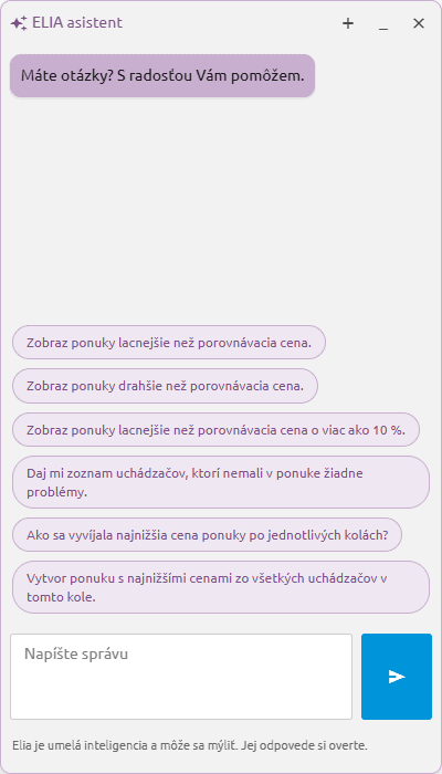 Okno AI asistenta ELIA s pripravenými otázkami a textovým poľom