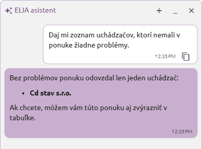 Textová odpoveď na príkaz Daj mi zoznam uchádzačov, ktorí nemali v ponuke žiadne problémy