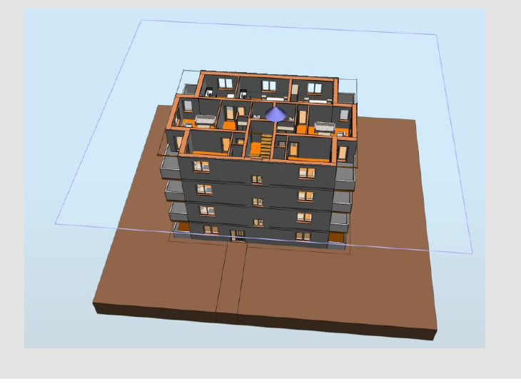 Rez 3D modelu stavby zobrazujúci vnútorné konštrukcie a priestory