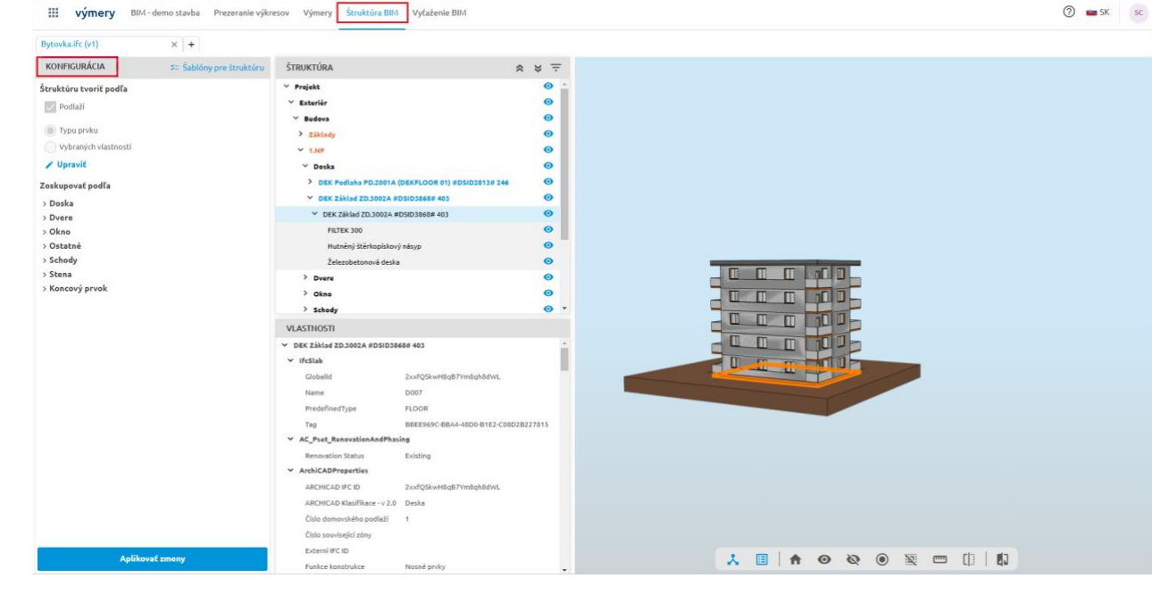 Panel Konfigurácia a Štruktúra so stromom prvkov BIM modelu