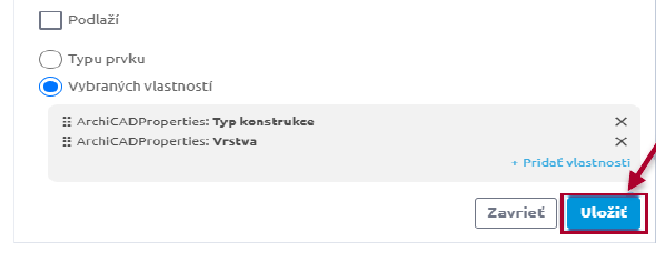 Dialóg Štruktúru tvoriť podľa s vybranými vlastnosťami a tlačidlom Uložiť