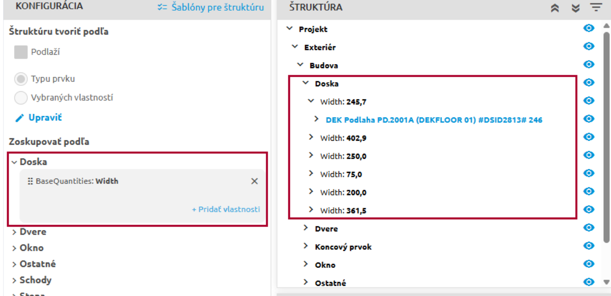 Výsledok zoskupenia prvkov Doska podľa hodnoty Width