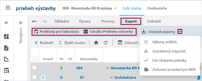 Karta Export s voľbami Podklady pre fakturáciu, Tabuľka Priebehu výstavby a rozbalenou ponukou Ostatné exporty