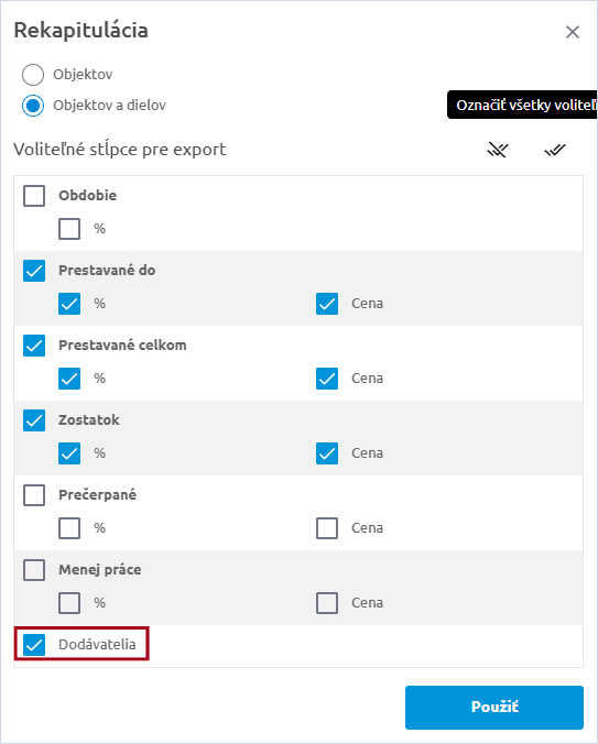 Okno Rekapitulácia s výberom úrovne a voliteľných stĺpcov pre export