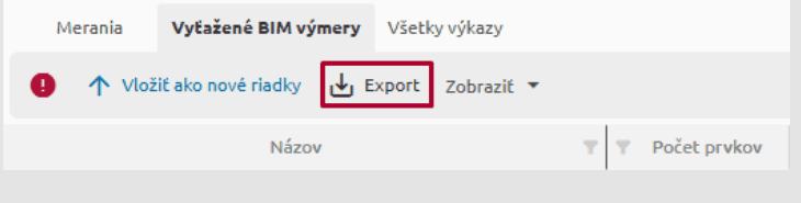 Tlačidlo Export na záložke Vyťažené BIM výmery
