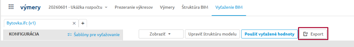 Tlačidlo Export na záložke Vyťaženie BIM