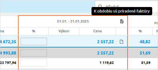 Ikona faktúry v hlavičke obdobia v tabuĺke Priebehu výstavby