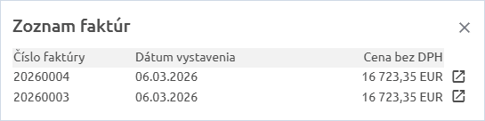 Okno Zoznam faktúr s číslom faktúry, dátumom vystavenia a cenou bez DPH