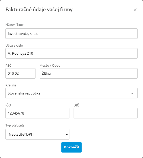 Okno Fakturačné údaje vašej firmy