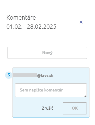 Panel Komentáre s tlačidlom Nový a poľom na zadanie komentára