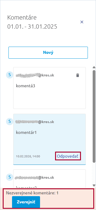 Panel Komentáre s tlačidlom Zverejniť a počtom nezverejnených komentárov
