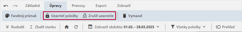 Funkcie Uzavrieť položky a Zrušiť uzavretie na karte Úpravy