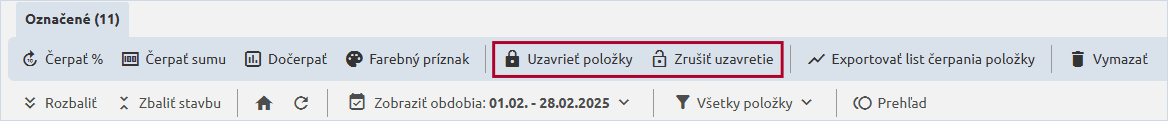 Funkcie Uzavrieť položky a Zrušiť uzavretie v ponuke Označené