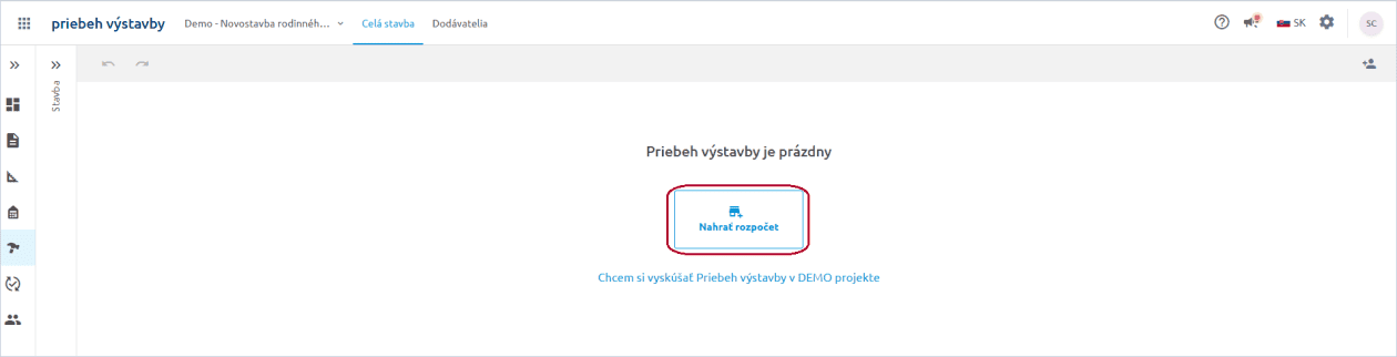 Prázdny Priebeh výstavby s tlačidlom Nahrať rozpočet