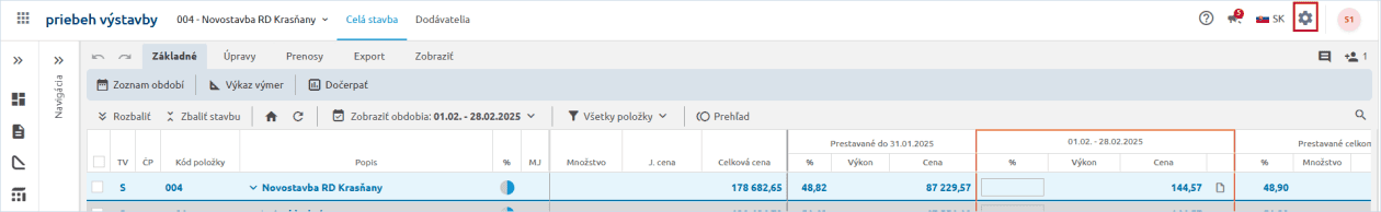 Ikona nastavení v pravej časti hornej navigačnej lišty Priebehu výstavby