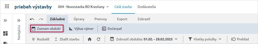 Voľba Zoznam období na karte Základné