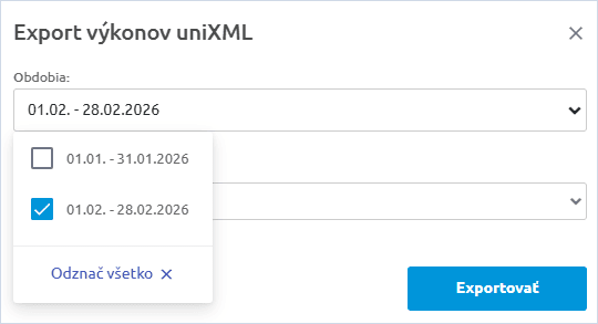 Okno Export výkonov uniXML s výberom období