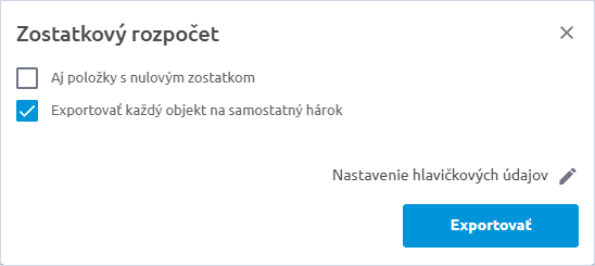Okno Zostatkový rozpočet s voľbami exportu