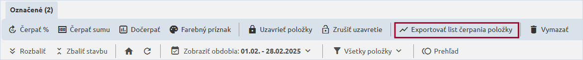 Voľba Exportovať list čerpania položky v ponuke Označené