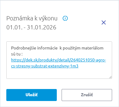 Panel Poznámka k výkonu s dátumom obdobia a zadaným textom