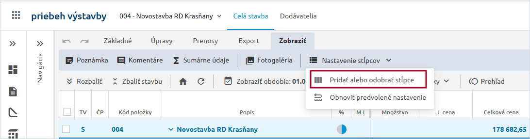 Voľba Pridať alebo odobrať stĺpce v menu Nastavenie stĺpcov na záložke Zobraziť