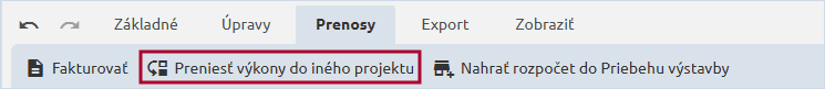 Funkcia Preniesť výkony do iného projektu na karte Prenosy