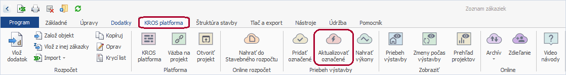 Funkcia Aktualizovať označené na záložke KROS platforma v programe CENKROS 4