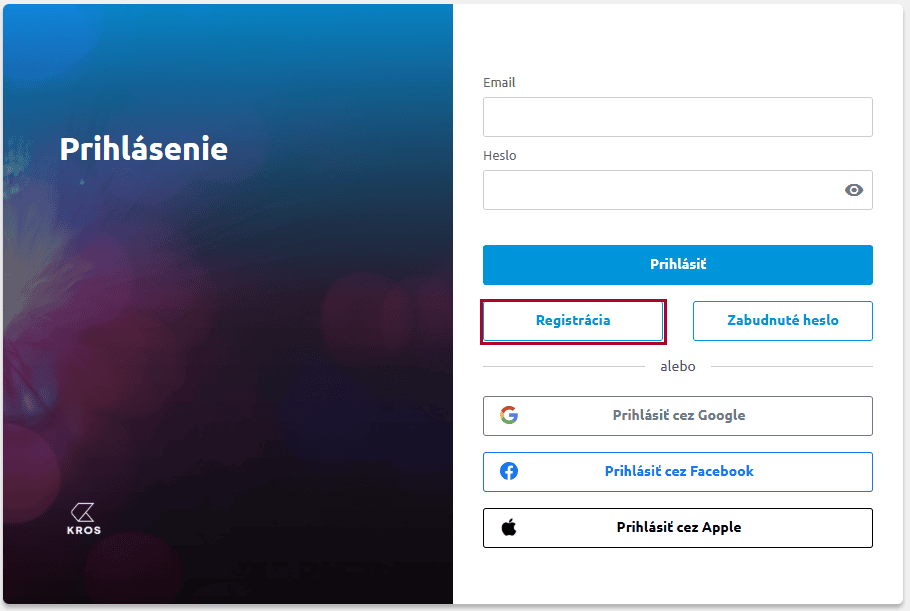 Prihlásenie do KROS účtu so zvýrazneným tlačidlom Registrácia