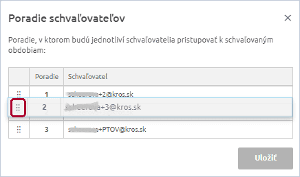 Okno Poradie schvaľovateľov s možnosťou presunu riadkov