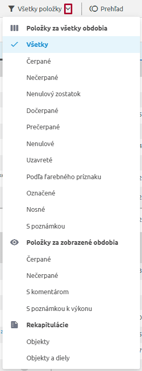 Rozbalená ponuka pohľadov rozdelená na Položky za všetky obdobia, Položky za zobrazené obdobia a Rekapitulácie