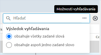 Možnosti vyhľadávania s voľbou obsahuje všetky zadané slová alebo aspoň jedno zadané slovo