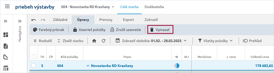 Funkcia Vymazať na karte Úpravy