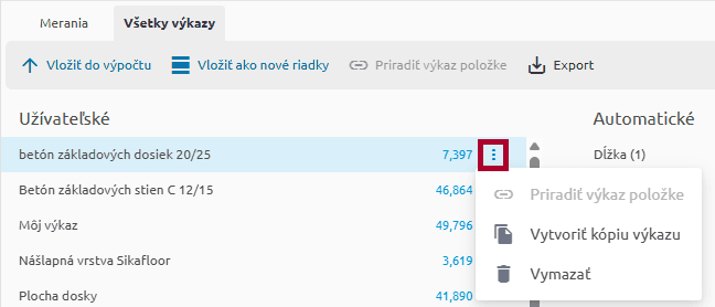 Menu troch bodiek – tesný výrez s položkami Priradiť výkaz položke, Vytvoriť kópiu výkazu, Vymazať
