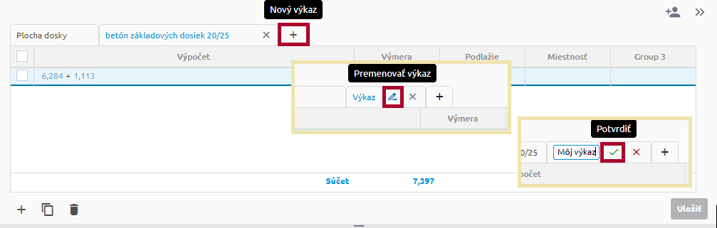 Nový výkaz – tlačidlo plus, premenovanie ceruzkou a potvrdenie zeleným zaškrtnutím