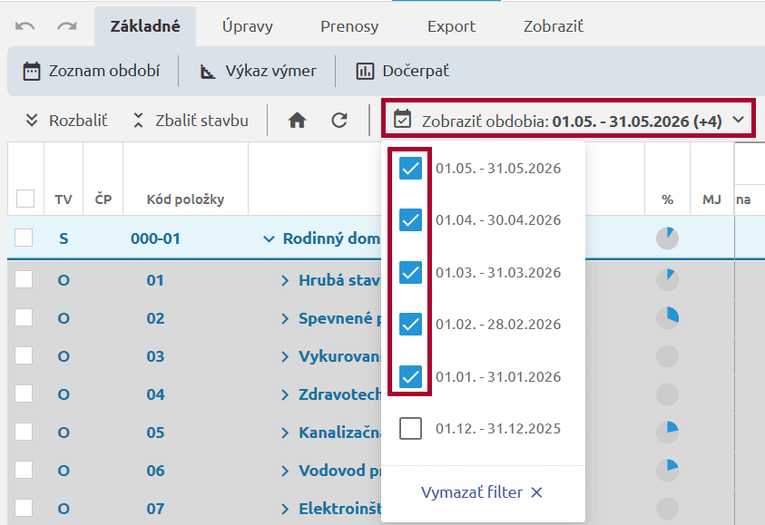 Filter Zobraziť obdobia s možnosťou vybrať, ktoré obdobia sa v rozpočte zobrazia