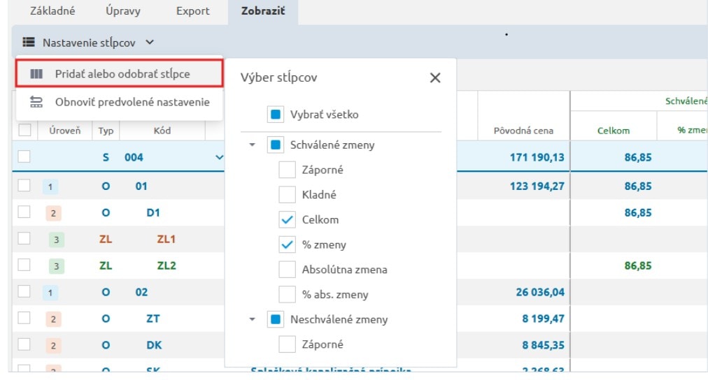 Okno Výber stĺpcov s možnosťou zapnúť dodatočné stĺpce pre schválené a neschválené zmeny