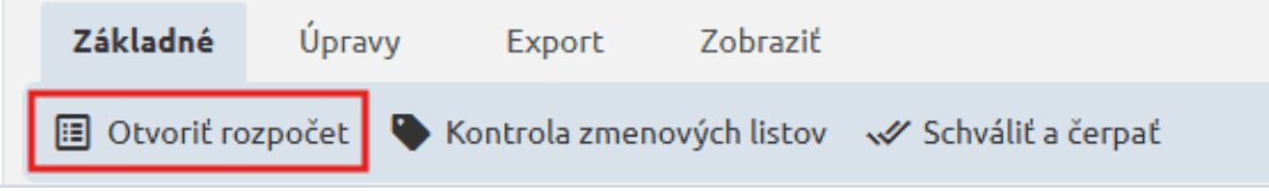 Nástrojová lišta s tlačidlom Otvoriť rozpočet, Kontrola zmenových listov a Schváliť a čerpať