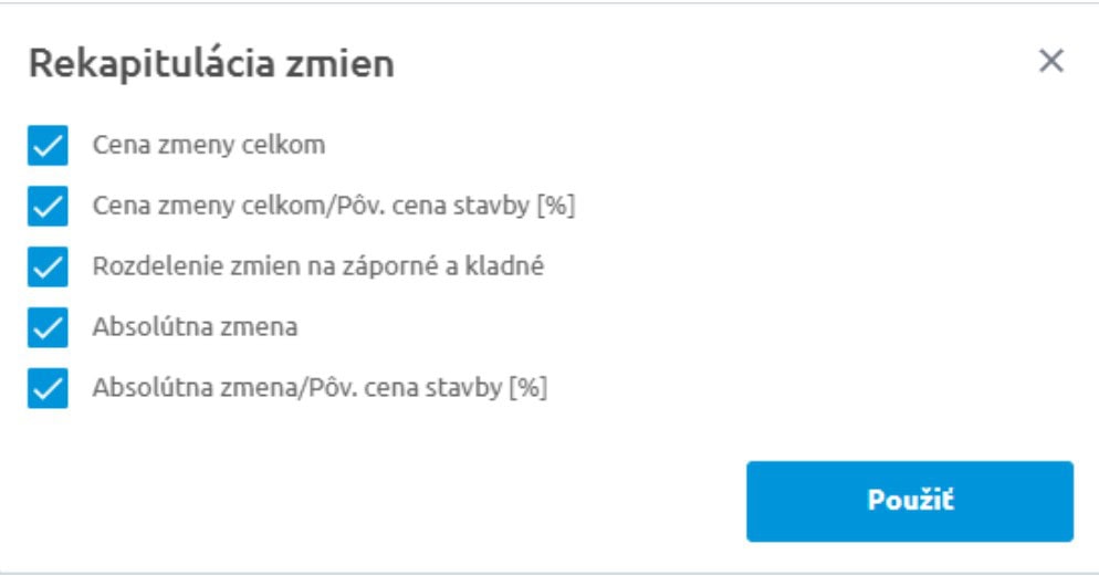 Nastavenia exportu Rekapitulácia zmien so zoznamom voliteľných stĺpcov