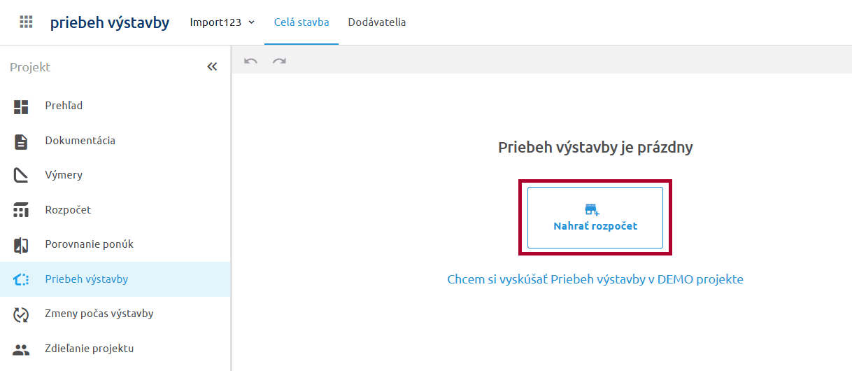 Prázdny Priebeh výstavby s tlačidlom Nahrať rozpočet