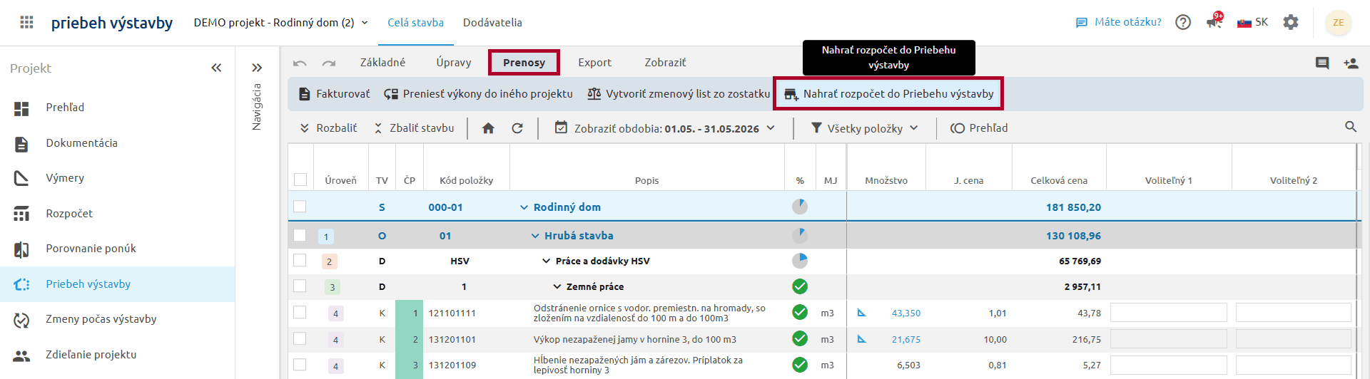 Karta Prenosy v Priebehu výstavby s tlačidlom Nahrať rozpočet do Priebehu výstavby