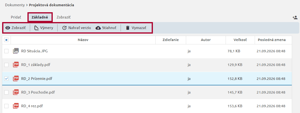 Karta Základné s funkciami Zobraziť, Výmery, Nahrať verziu, Stiahnuť a Vymazať pre označený dokument