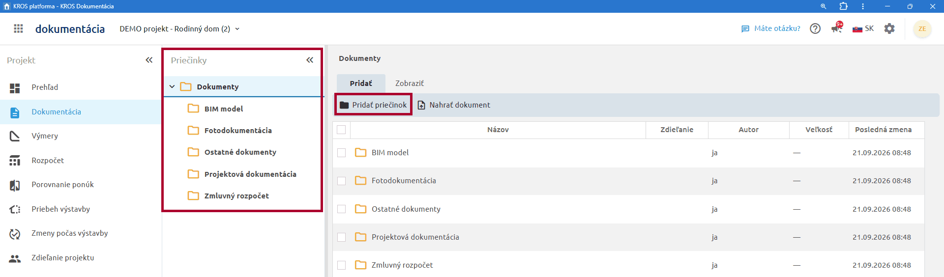 Ľavý panel Priečinky so stromovou štruktúrou priečinkov projektu