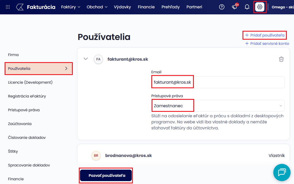 Pridanie používateľa v aplikácii KROS Fakturácia