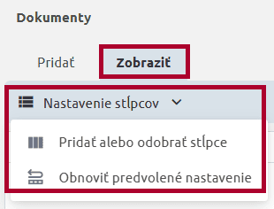 Karta Zobraziť s ponukou Nastavenie stĺpcov – Pridať alebo odobrať stĺpce a Obnoviť predvolené nastavenie