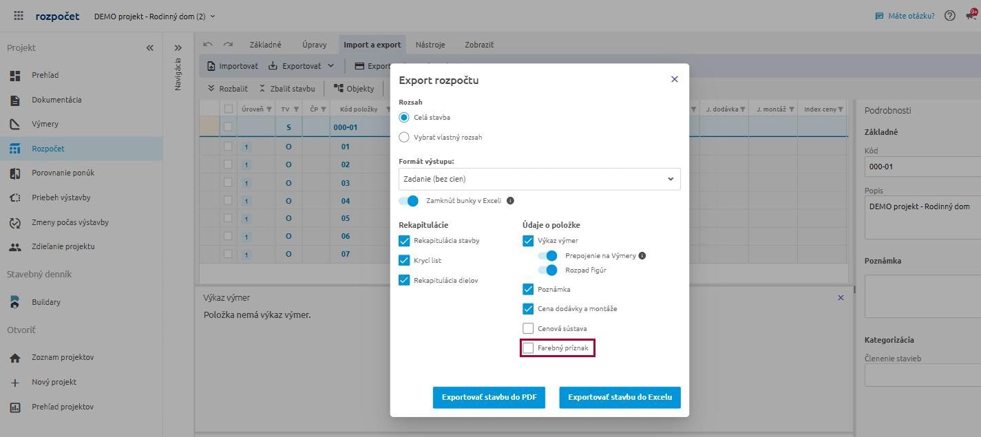 Dialógové okno Export rozpočtu so zvýraznenou voľbou Farebný príznak