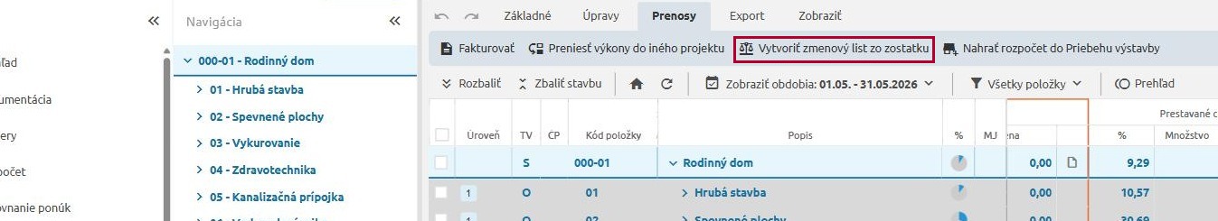 Karta Prenosy so zvýrazneným tlačidlom Vytvoriť zmenový list zo zostatku