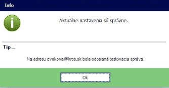 Podvojné účtovníctvo OMEGA – okno Info s oznamom Aktuálne nastavenia sú správne a informáciou o odoslaní testovacej správy