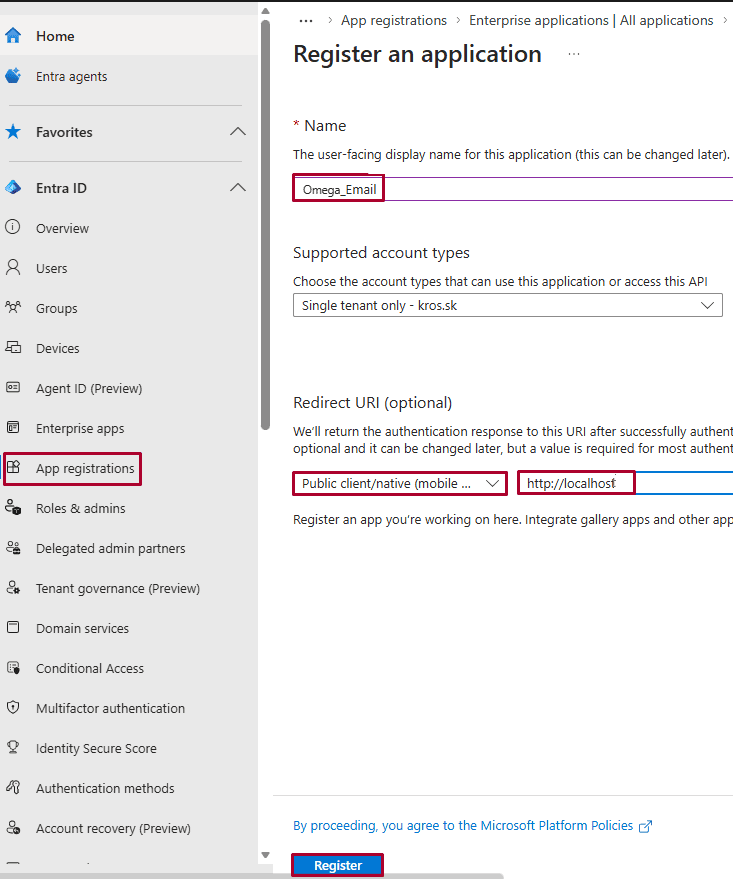 Microsoft Entra – okno Register an application s názvom aplikácie Omega_Email a adresou presmerovania http://localhost